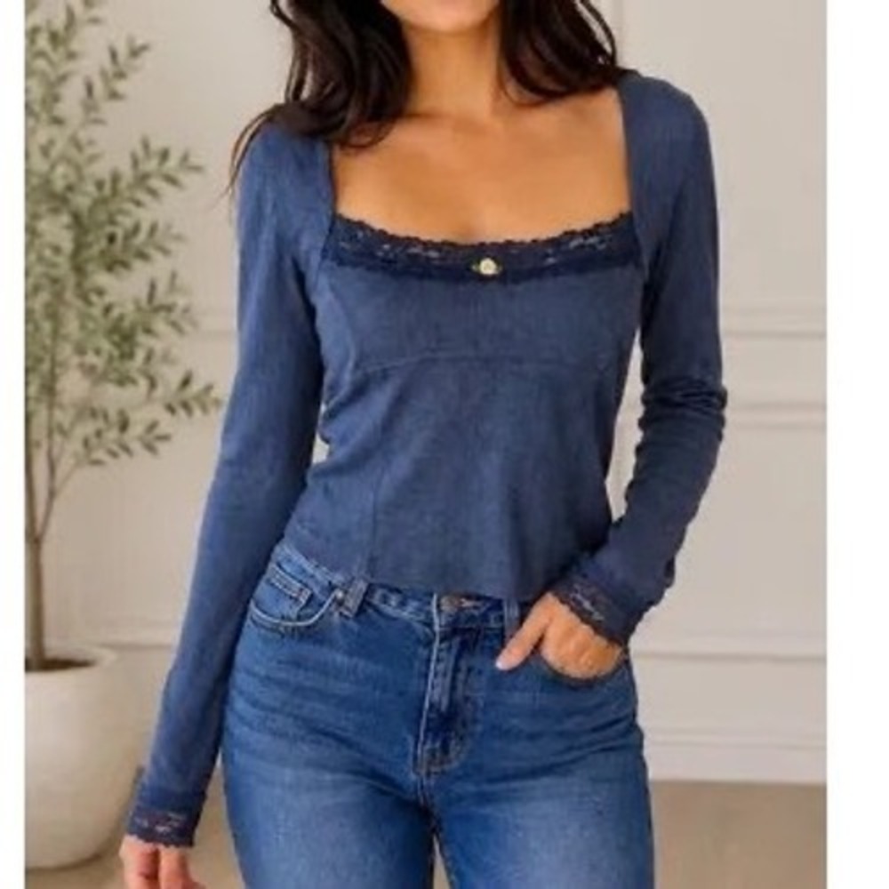 Intimately Free People Ribbed Lace Trim Rosette Long Sleeve Top Indie Sleeze